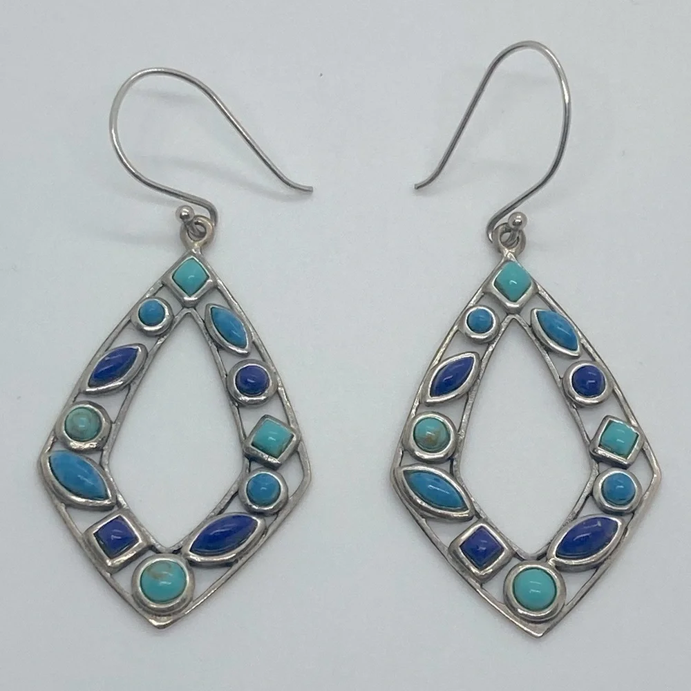 Vtg 925 Sterling Silver & Multi Colour Blue Turqouise Dangle Earrings | 2.2” - Picture 3 of 13